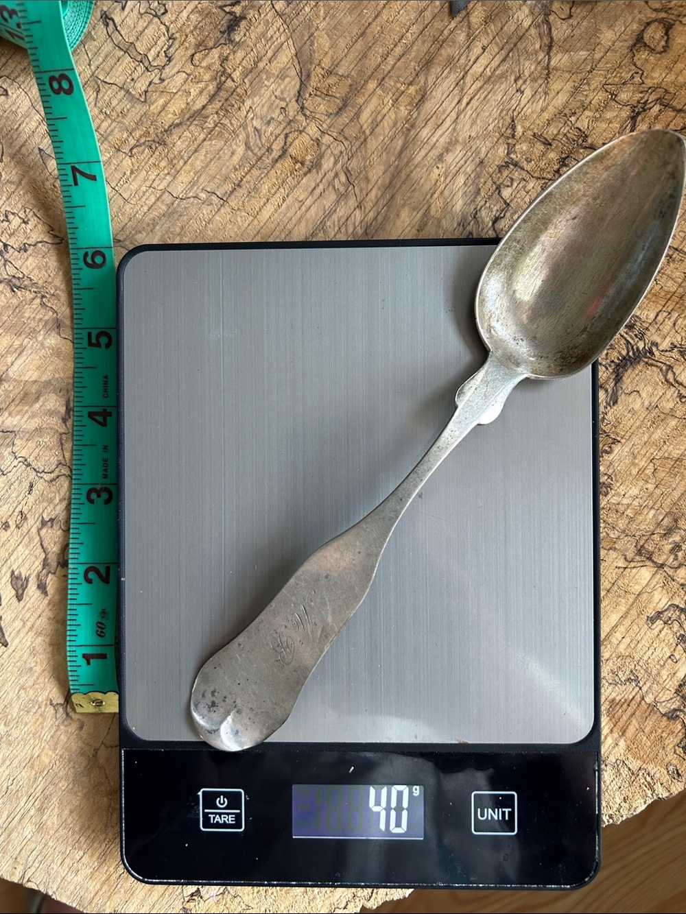 9 inch 40 gram Antique coin Silver fiddleback Spoon - Tarnished Patina